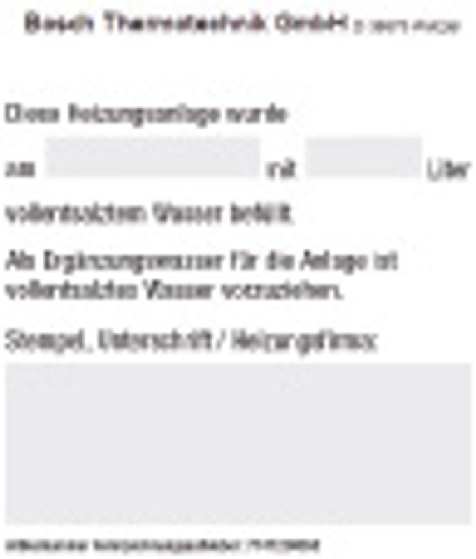 Bosch / Junkers Zubehör Wasseraufbereitung VES_S Aufkleber Doku vollentsalztes Wasser Bild 1
