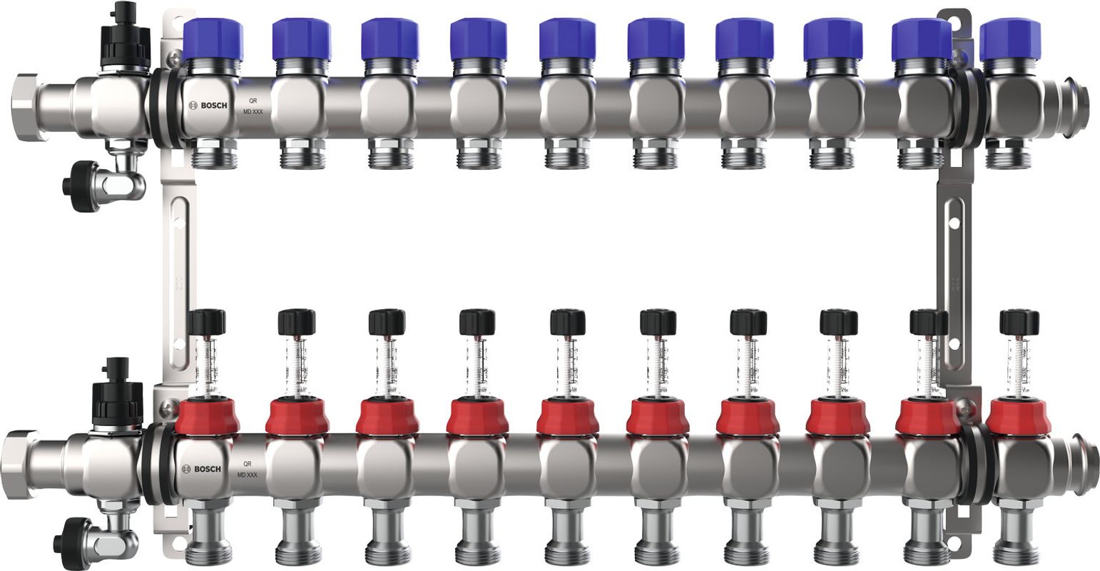 Bosch / Junkers Zubehör, für Wohnungsstationen Edelstahl HK-Verteiler 12HK DFM 0-5l/min, Farbe silberfarben Bild 1