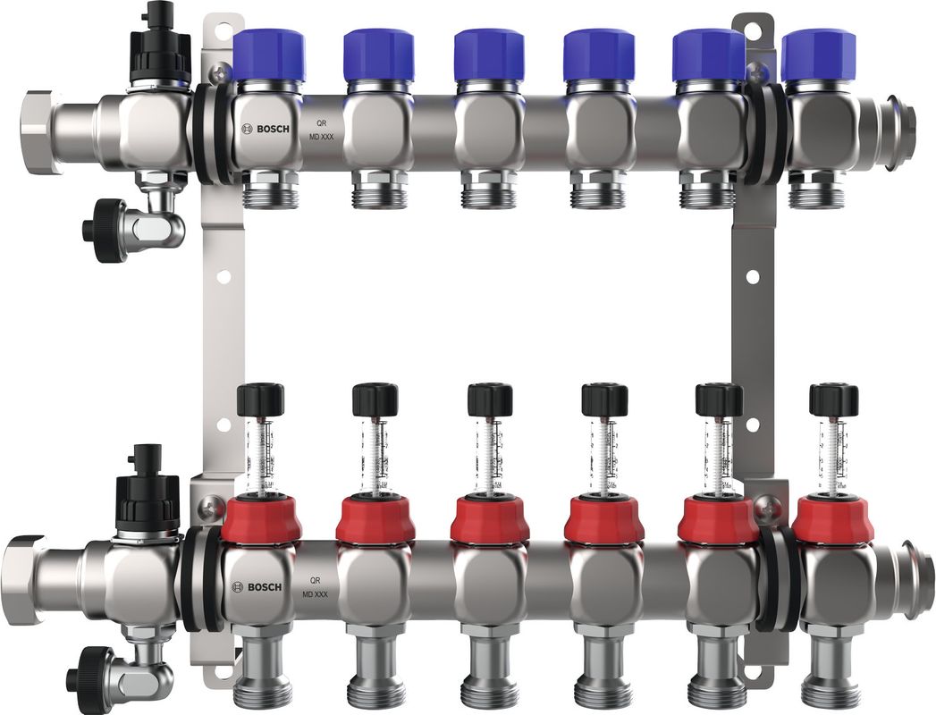 Bosch / Junkers Zubehör, für Wohnungsstationen Edelstahl HK-Verteiler 8HK DFM 0-5l/min, Farbe silberfarben Bild 1