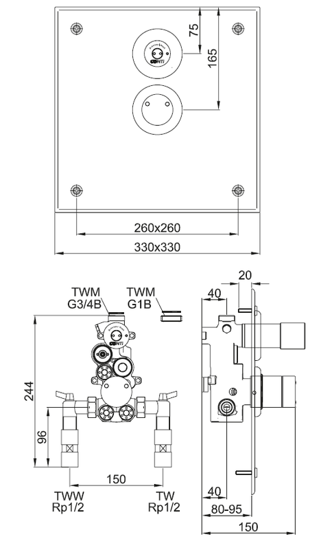 Conti + Umrüstset Dusche mechanisch VA, Oberflaeche gebürstet, 330 x 330 x 5 mm Bild 1