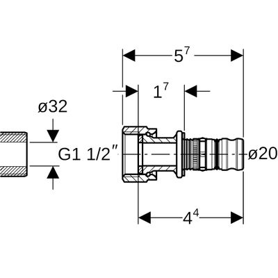 Geberit Übergang, mit Überwurfmutter 1 1/2" x 20 mm, 57 mm Bild 3