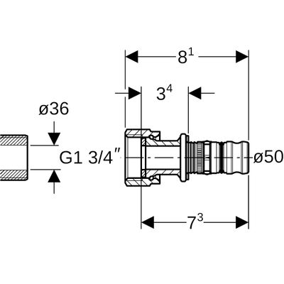 Geberit Übergang, mit Überwurfmutter 1 3/4" x 50 mm, 81 mm Bild 3