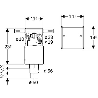 Geberit UP-Geruchsverschluss mit 2 Anschlüssen Wandeinbaukasten und Abdeckplatte d50-56 Bild 3