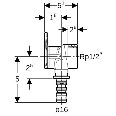 Geberit Anschlusswinkel 16 mm x 1/2" IG 90 Grad, Länge, mit Wandscheibe, 52 mm Bild 3