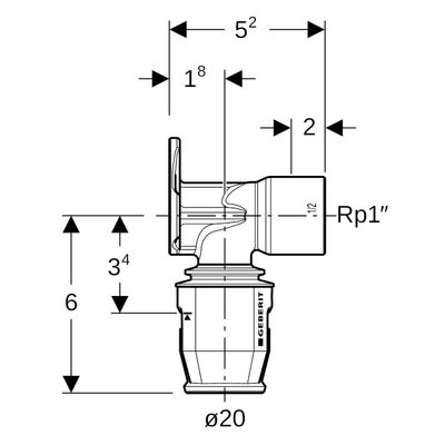 Geberit Rotguss Anschlusswinkel 90Grad 20 mm x 1/2" IG, 52 mm Bild 3