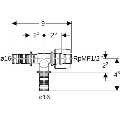 Geberit Übergangs-T-Stück, mit MasterFix 16 mm x 16 mm x MF20, (PVDF) Bild 3