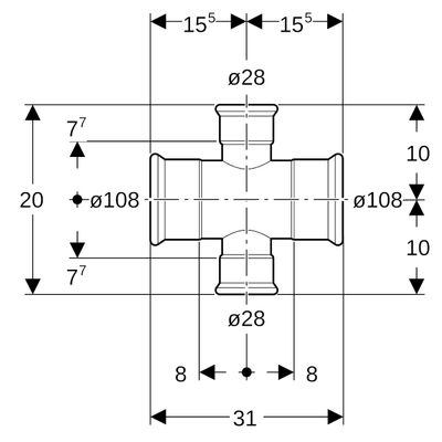 Geberit Mapress C-Stahl Kreuzstück reduziert d108-28-108 Bild 3