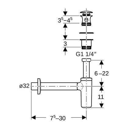 Geberit Waschbeckenablauf, mit Siphon Aussenventilstopfen, mit Druck-Bet. chrg, DN 32 / 40, Farbe chrom Bild 3