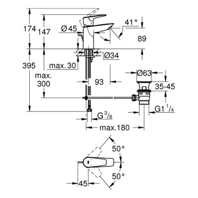 Grohe Baüdge Einhebel-WT-Mischer S-Size, mit Ablaufgarnitur, Höhe: 147 mm, Ausladung 93 mm, 147 x 93 mm, Farbe chrom Bild 3