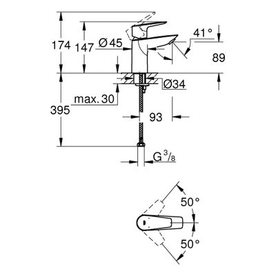 Grohe Baüdge Einhebel-WT-Mischer S-Size, ohne Ablaufgarnitur, Höhe: 147 mm, Ausladung 93 mm, 147 x 93 mm, Farbe chrom Bild 3