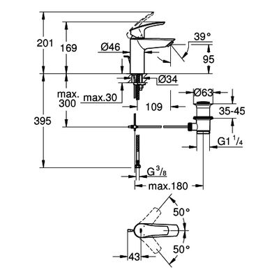 Grohe EH-WT-Batterie Eurosmart 23456_3 S-Size Hybrid-Zugst.-Ablaufgrt, Farbe chrom Bild 3