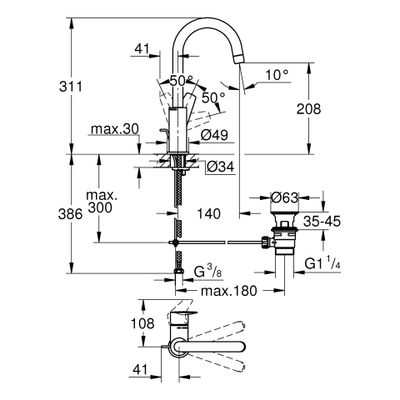 Grohe Baüdge Einhebel-WT-Mischer L-Size, mit Ablaufgarnitur, Höhe: 311 mm, Ausladung 140 mm, 311 x 140 mm, Farbe chrom Bild 3
