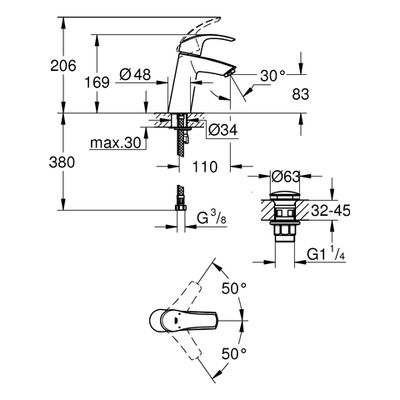 Grohe EH-WT-Batterie Eurosmart 23923_2 M-Size Push-open Ablaufgarnitur, Farbe chrom Bild 3
