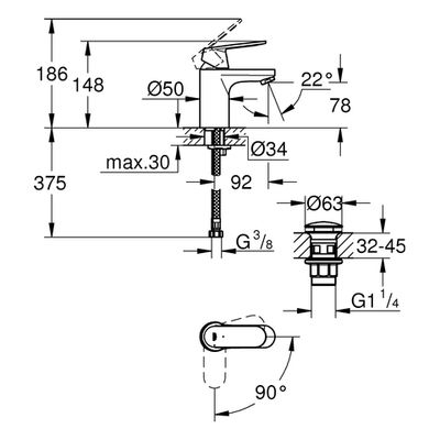 Grohe EH-WT-Batterie Eurosmart C S-Size MST kalt Push-open Abl.grt, Farbe chrom Bild 3