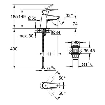 Grohe EH-WT-Batterie Eurosmart 23968_3 S-Size geneigt gl. K. PO-Abl.grt, Farbe chrom Bild 3