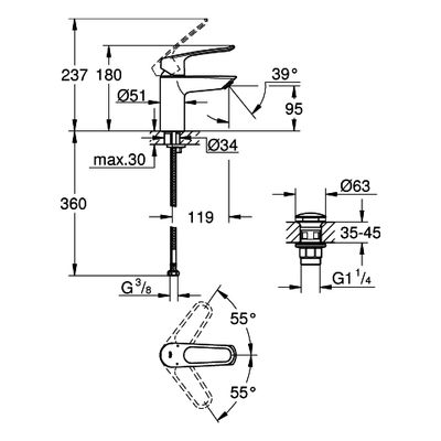 Grohe EH-WT-Batterie Eurosmart 23980_3 S-Size offener Hebel PO-Ablaufgrt, Farbe chrom Bild 3