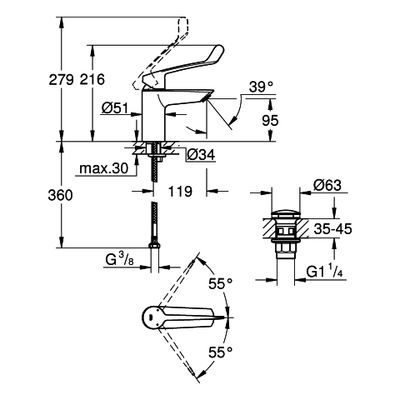 Grohe EH-WT-Batterie Eurosmart 23982_3 S-Size langer Hebel PO-Ablaufgrt, Farbe chrom Bild 3