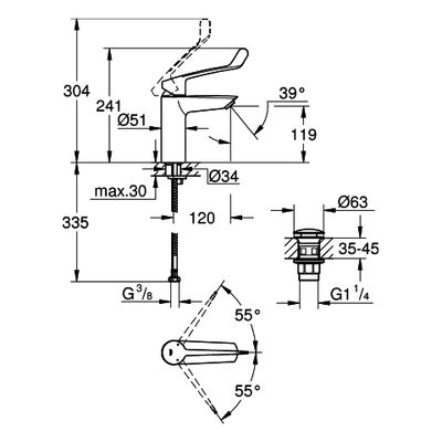 Grohe EH-WT-Batterie Eurosmart 23983_3 M-Size langer Hebel PO-Ablaugrt, Farbe chrom Bild 3