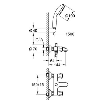 Grohe 2-Griff-Wannenbatterie Costa 25460_1, mit Tempesta Wandhalterset, 150 x 155 mm, Farbe chrom Bild 3