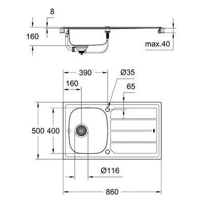 Grohe Edelstahlspüle K200 31552, mit 1 Becken / Abtropfflaeche, 570 mm, Farbe silber Bild 3