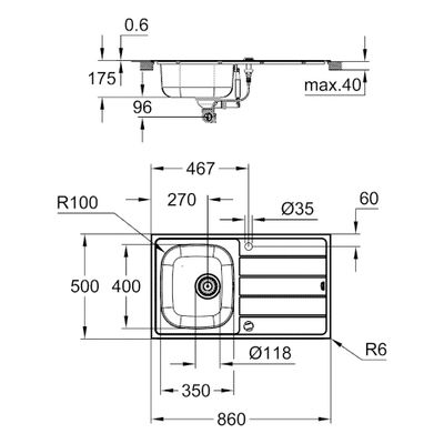 Grohe Edelstahlspüle K200 31552_1, mit 1 Becken Abtropfflaeche, 160 x 500 mm Bild 3