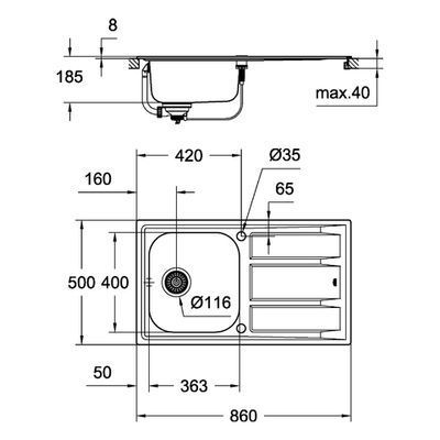 Grohe Edelstahlspüle K400 31566, mit 1 Becken / Abtropfflaeche, 570 mm, Farbe silber Bild 3