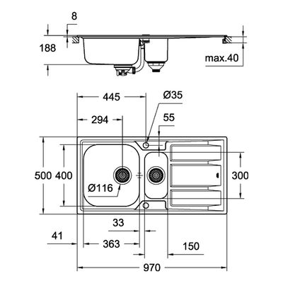 Grohe Edelstahlspüle K400 31567, mit 1,5 Becken / Abtropfflaeche, 520 mm, Farbe silber Bild 3