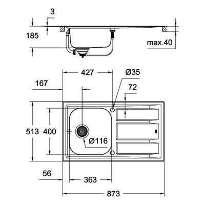 Grohe Edelstahlspüle K400+ 31568, mit 1 Becken / Abtropffl. 873 x 513 mm Flat Edge, 560 mm, Farbe silber Bild 3