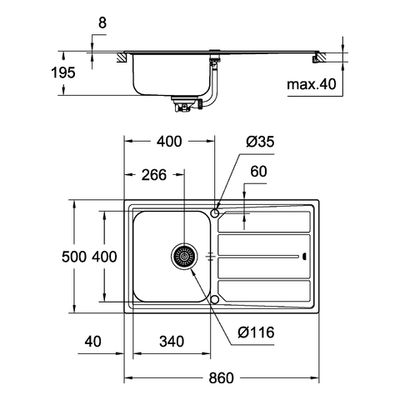 Grohe Edelstahlspüle K500 31571, mit 1 Becken / Abtropfflaeche, 560 mm, Farbe silber Bild 3