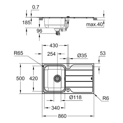 Grohe Edelstahlspüle K500 31571_1, mit 1 Becken Abtropfflaeche, 195 x 500 mm Bild 3