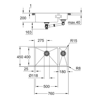 Grohe Unterbau-Edelstahlspüle K700 31575_1 1,5 Becken 760 x 450 mm EB links, 200 x 450 mm Bild 3