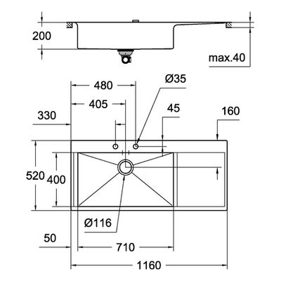 Grohe Edelstahl-spüle K1000 31581 1 Becken ATF 1160 x 520 mm Einbau fl.-bündig / links, 600 mm, Farbe silber Bild 3