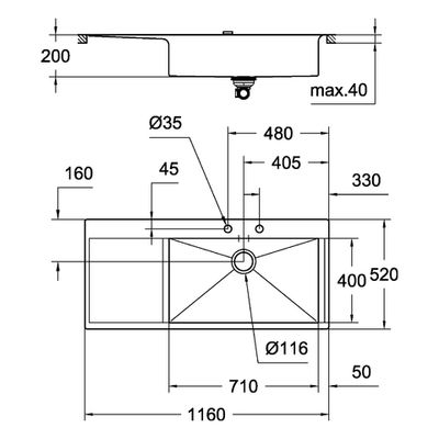 Grohe Edelstahl-spüle K1000 31582 1 Becken ATF 1160 x 520 mm Einbau fl.-bündig / rechts, 600 mm, Farbe silber Bild 3