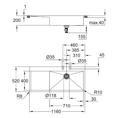 Grohe Edelstahlspüle K1000 31582_1 1 Becken ATF 1160 x 520 mm Einbau rechts, 200 x 520 mm Bild 3