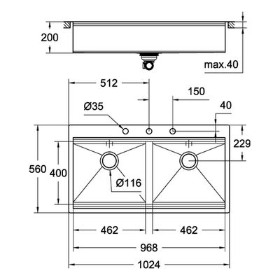 Grohe Edelstahlspüle K800 31585 2 Becken 1024 x 560 mm Einbau flächenbündig, 640 mm, Farbe silber Bild 3
