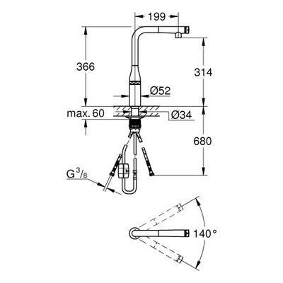 Grohe SPT-Batterie Essence Smart Control 31615 L-Ausladung auszb. Spülbr. nickel geb, 84 mm, Farbe nickel Bild 3