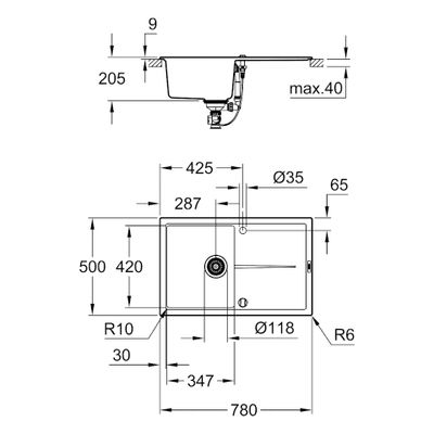 Grohe Kompositspüle K400 31639 1 Becken 780 x 500 mm, mit ATF re / li, 205 x 615 x 500 mm, Farbe granit schwarz Bild 3