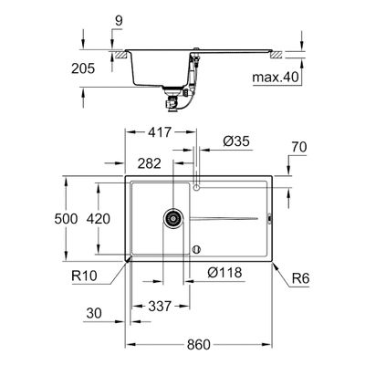 Grohe Kompositspüle K400 31640 1 Becken 860 x 500 mm, mit ATF re / li, 585 mm, Farbe granit grau Bild 3
