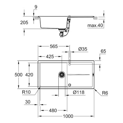 Grohe Kompositspüle K400 31641 1 Becken 1000 x 500 mm, mit ATF re / li, 205 x 620 x 500 mm, Farbe granit schwarz Bild 3