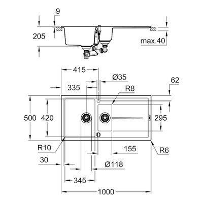 Grohe Kompositspüle K400 31642 1,5Becken 1000 x 500 mm, mit ATF re / li, 620 mm, Farbe granit grau Bild 3