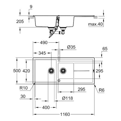 Grohe Kompositspüle K400 31643 2 Becken 1160 x 500 mm, mit ATF re / li, 205 x 620 x 500 mm, Farbe granit schwarz Bild 3