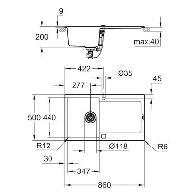 Grohe Kompositspüle K500 31644 1 Becken 860 x 500 mm, mit ATF re / li, 200 x 585 x 500 mm, Farbe granit schwarz Bild 3