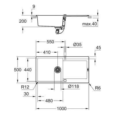 Grohe Kompositspüle K500 31645 1 Becken 1000 x 500 mm, mit ATF re / li, 620 mm, Farbe granit grau Bild 3
