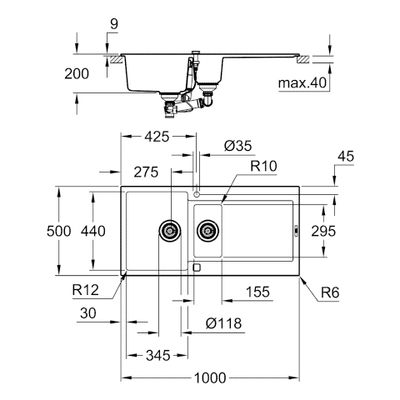 Grohe Kompositspüle K500 31646 1,5Becken 1000 x 500 mm, mit ATF re / li, 620 mm, Farbe granit grau Bild 3