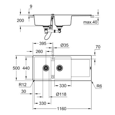 Grohe Kompositspüle K500 31647 2 Becken 1160 x 500 mm, mit ATF re / li, 200 x 620 x 500 mm, Farbe granit schwarz Bild 3