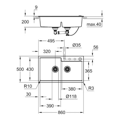 Grohe Kompositspüle K500 31649 2 Becken, 200 x 585 x 500 mm, Farbe granit schwarz Bild 3