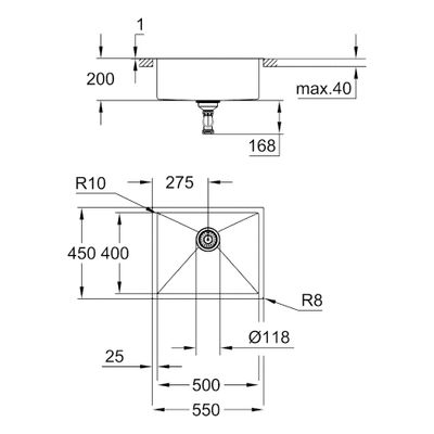 Grohe Edelstahlspüle K700 31726, mit 1 Becken, 200 x 550 x 450 mm Bild 3