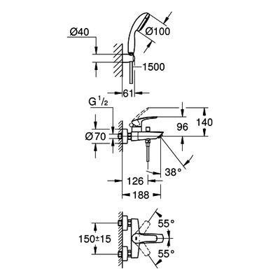 Grohe EH-Wannenbatt. Eurosmart 33302_3 Wandmontage, mit Brausegarnitur, Farbe chrom Bild 3