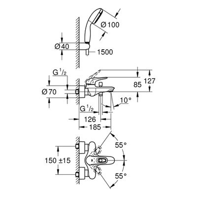Grohe EH-Wannenbatt. Eurostyle 33592_3, mit Wandhalterset Hebel offen, 195 x 204 mm, Farbe chrom Bild 3