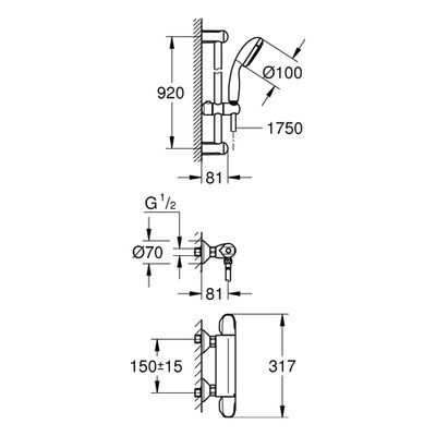 Grohe THM-Brausebatterie Grohtherm 1000 34256_4, mit Brausegarnitur 900 mm, Farbe silberfarben Bild 3